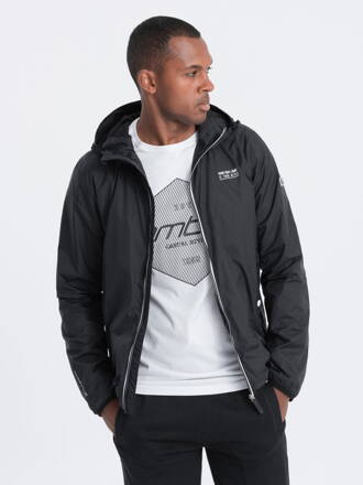 Men's windbreaker jacket with hood and contrasting details - black V2 OM-JANP-0110