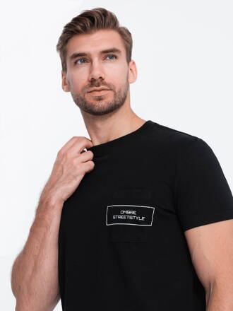 Men's cotton t-shirt with pocket print - black V1 S1742