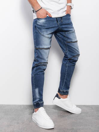 Men's marbled JOGGERS pants with decorative stitching - blue V3 OM-PADJ-0111