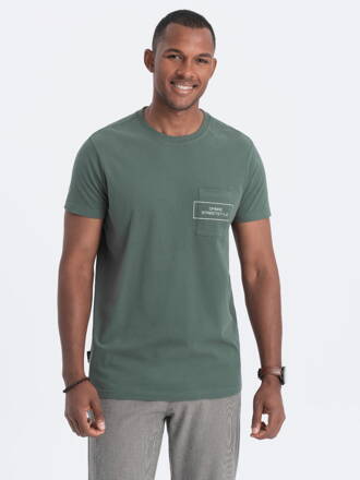 Men's cotton t-shirt with pocket print - dark olive V4 S1742