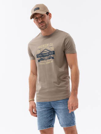 Men's printed cotton t-shirt - light brown V4 OM-TSPT-0120
