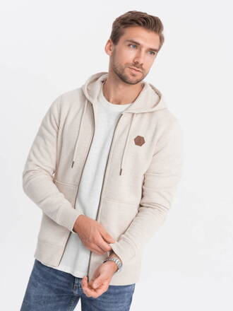 Unbuttoned men's HOODIE sweatshirt in pleasant knit fabric - cream melange V1 OM-SSZP-0116