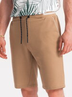 Men's knitted shorts with decorative elastic waistband - light brown V4 OM-SRCS-0110