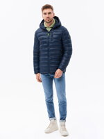 Men's quilted jacket with hood - navy blue V3 C549