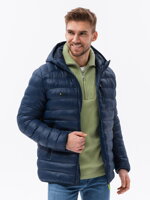 Men's quilted jacket with hood - navy blue V3 C549