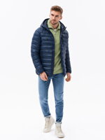 Men's quilted jacket with hood - navy blue V3 C549