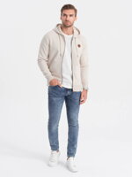 Unbuttoned men's HOODIE sweatshirt in pleasant knit fabric - cream melange V1 OM-SSZP-0116