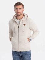 Unbuttoned men's HOODIE sweatshirt in pleasant knit fabric - cream melange V1 OM-SSZP-0116