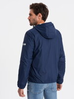 Men's windbreaker jacket with hood and contrasting details - navy blue V6 OM-JANP-0110