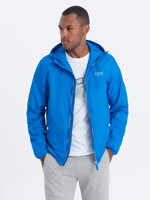 Men's windbreaker jacket with hood and contrasting details - blue V1 OM-JANP-0110