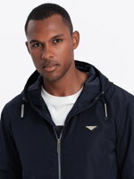 Men's hooded windbreaker jacket with classic cut - navy blue V2 OM-JANP-22FW-006
