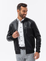 Men's faux leather jacket with ribbed bottom hem - black V2 OM-JAFL-0109