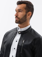 Men's faux leather jacket with ribbed bottom hem - black V2 OM-JAFL-0109