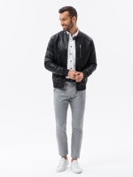 Men's faux leather jacket with ribbed bottom hem - black V2 OM-JAFL-0109