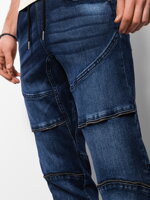 Men's marbled JOGGERS pants with decorative stitching - navy blue V1 OM-PADJ-0111