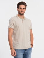 Men's melange polo shirt with contrast collar - cream V4 S1618