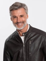 Men's imitation leather jacket with ribbed hem - dark brown V1 OM-JAFL-0109