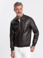 Men's imitation leather jacket with ribbed hem - dark brown V1 OM-JAFL-0109