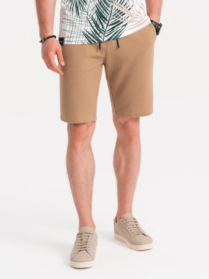 Men's knitted shorts with decorative elastic waistband - light brown V4 OM-SRCS-0110
