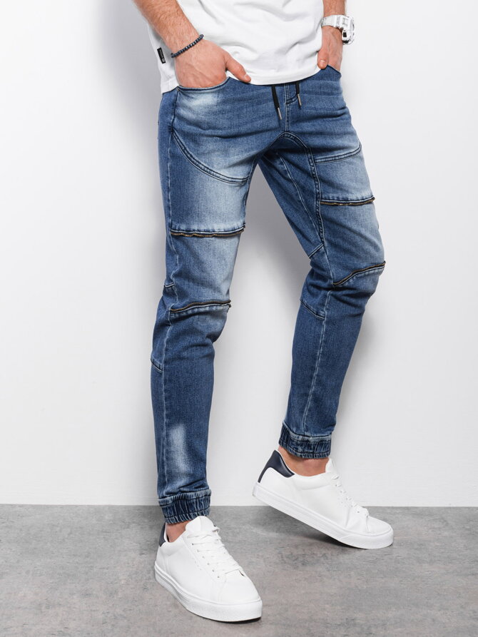 Men's marbled JOGGERS pants with decorative stitching - blue V3 OM-PADJ-0111
