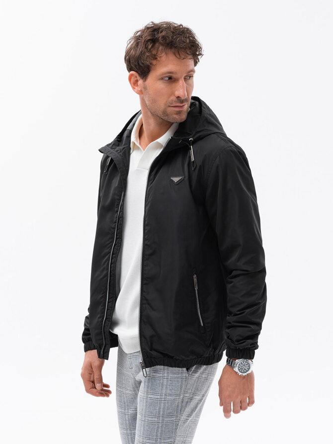 Men's hooded windbreaker jacket with classic cut - black V1 OM-JANP-22FW-006