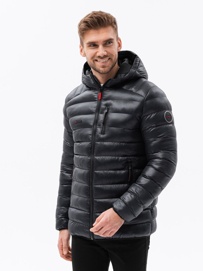 Men's quilted jacket with hood - black V4 C549